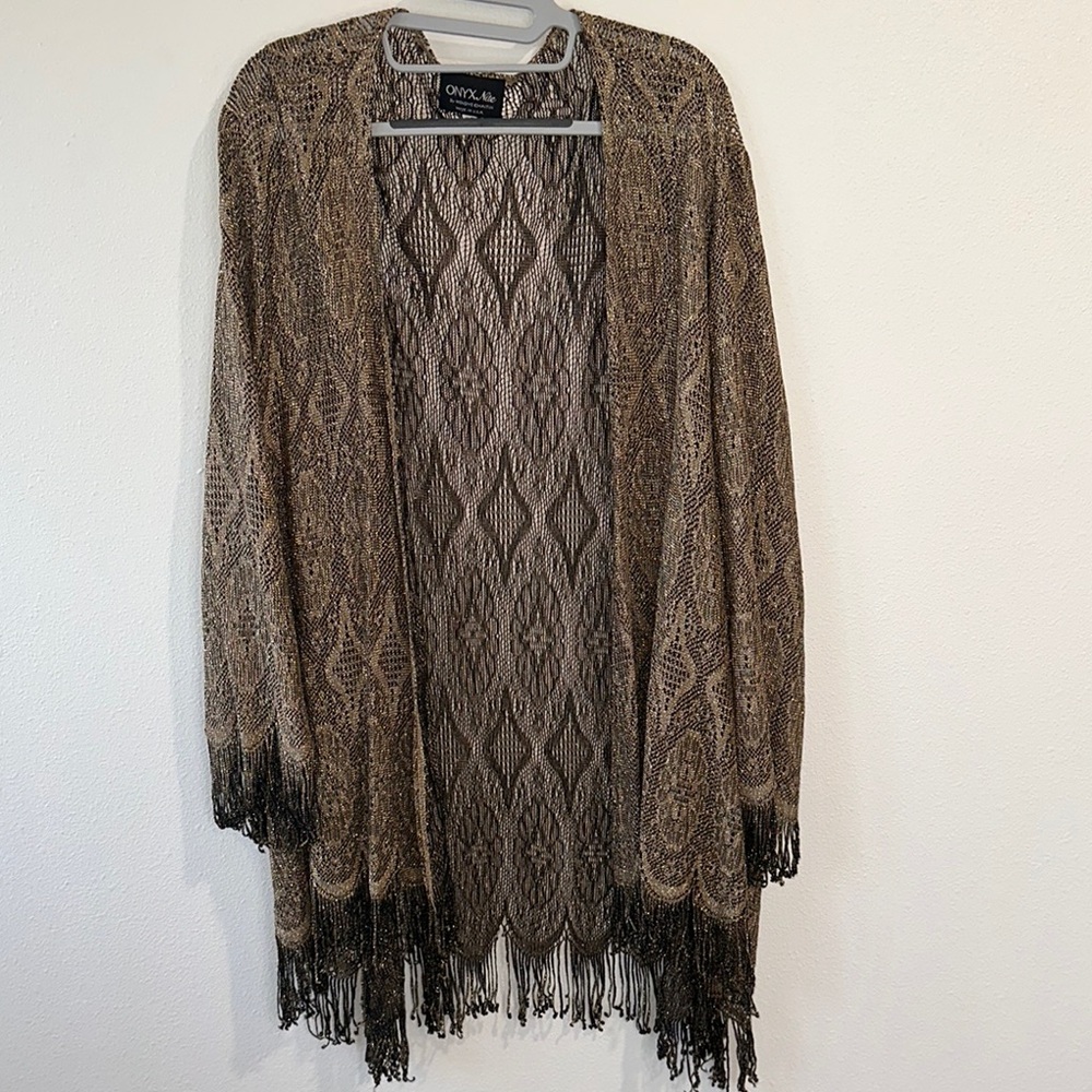 Onyx Niteβ Brown Cardigan with Fringe Details Golden Metallic